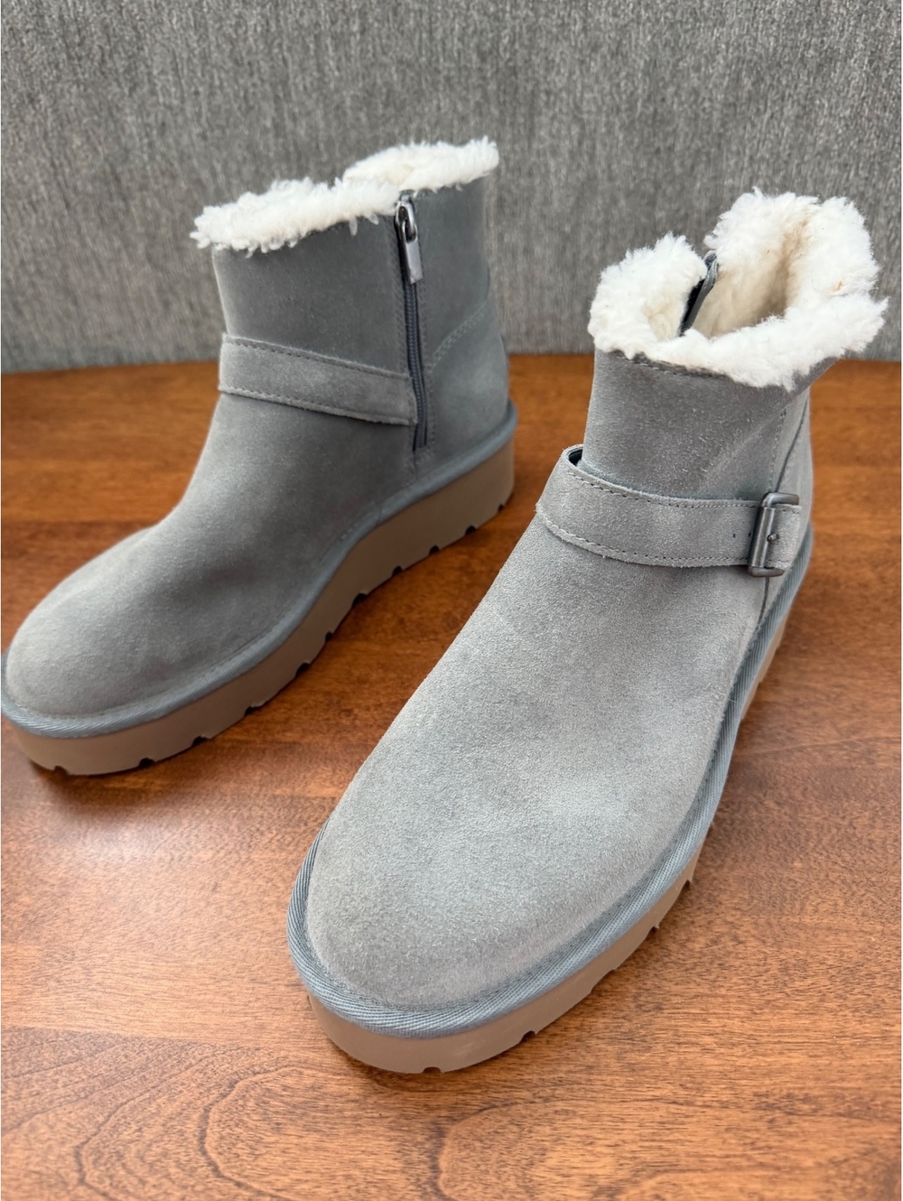 Gray faux fur ankle boots